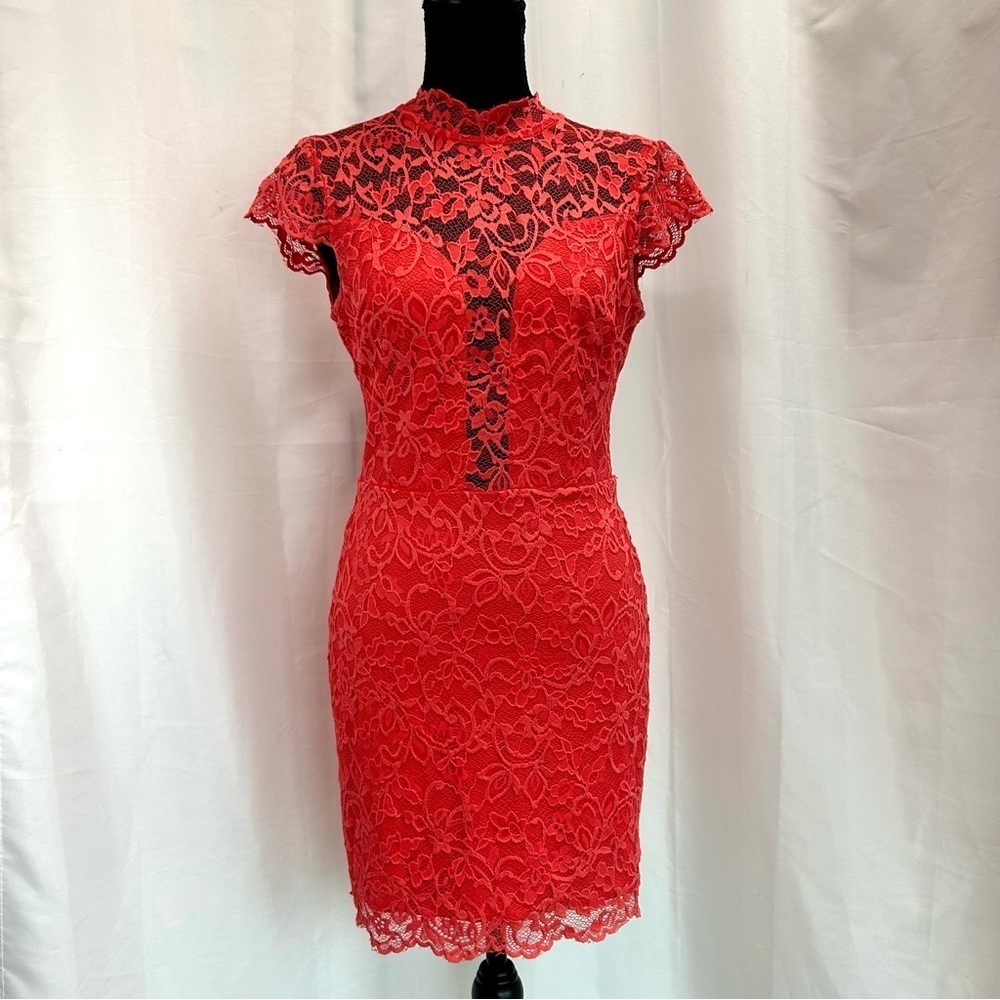 Bebe coral pink lace short sleeve mock neck bodycon dress Sz S